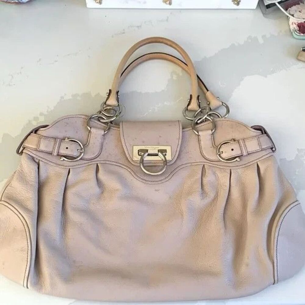 Vtg SALVATORE FERRAGAMO Bag Leather Beige Buckle Purse Handbag Marissa Gancini
